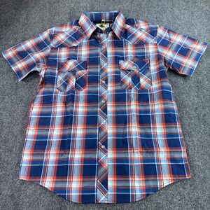 Coevals Club Western Shirt Mens Medium Blue Orange Plaid Pearl Snap NWT Cowboy
